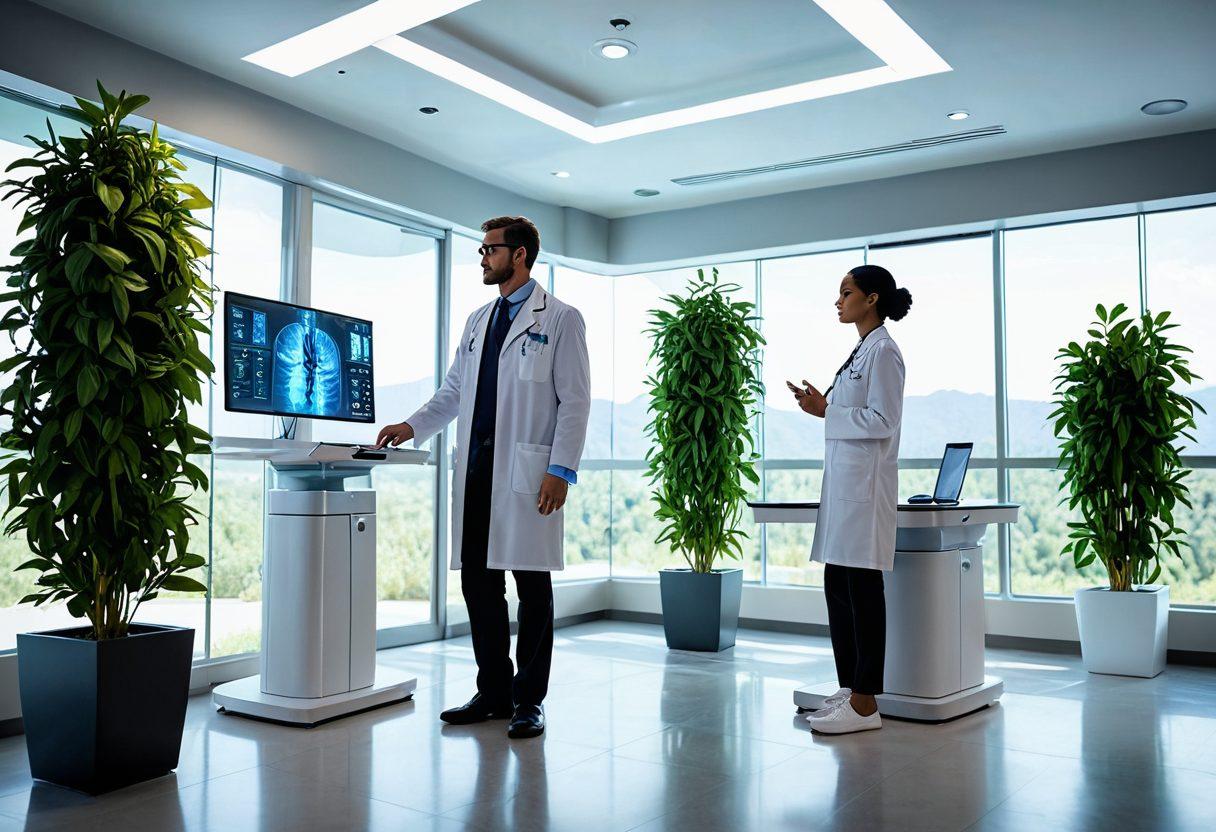A futuristic doctor using advanced technology to consult with a patient via holographic display, showcasing a seamless blend of telemedicine tools like wearable health devices and digital health apps. The background features an inviting, modern clinic with elements of nature incorporated, symbolizing holistic wellbeing. Bright and optimistic color palette, emphasizing innovation and care. super-realistic. vibrant colors.