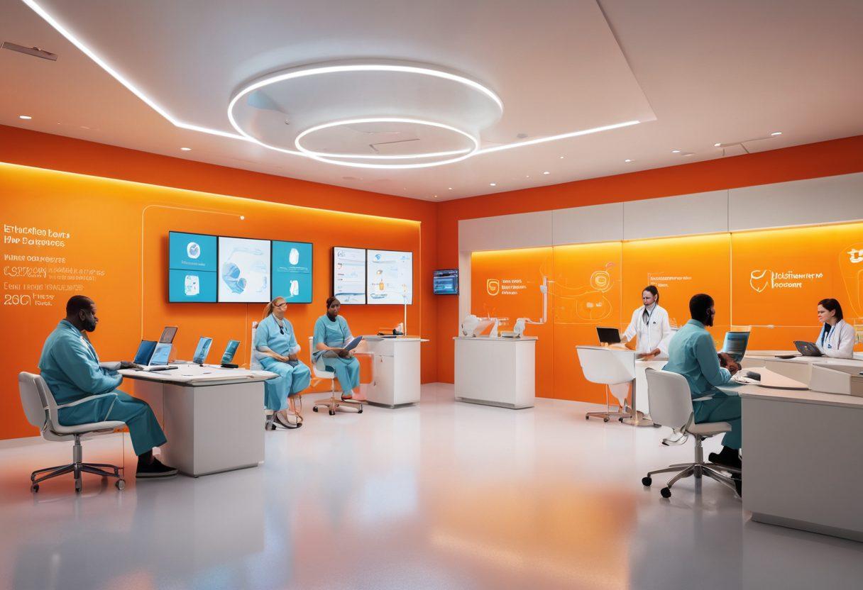 A futuristic digital health environment showcasing a diverse group of patients engaging in virtual consultations via sleek, high-tech devices. Incorporate elements of remote monitoring with detailed health data displayed on vibrant screens in the background. Emphasize connectivity and accessibility with a harmonious blend of technology and care. Include warm colors to convey comfort and trust in healthcare. 3D rendering. vibrant colors.