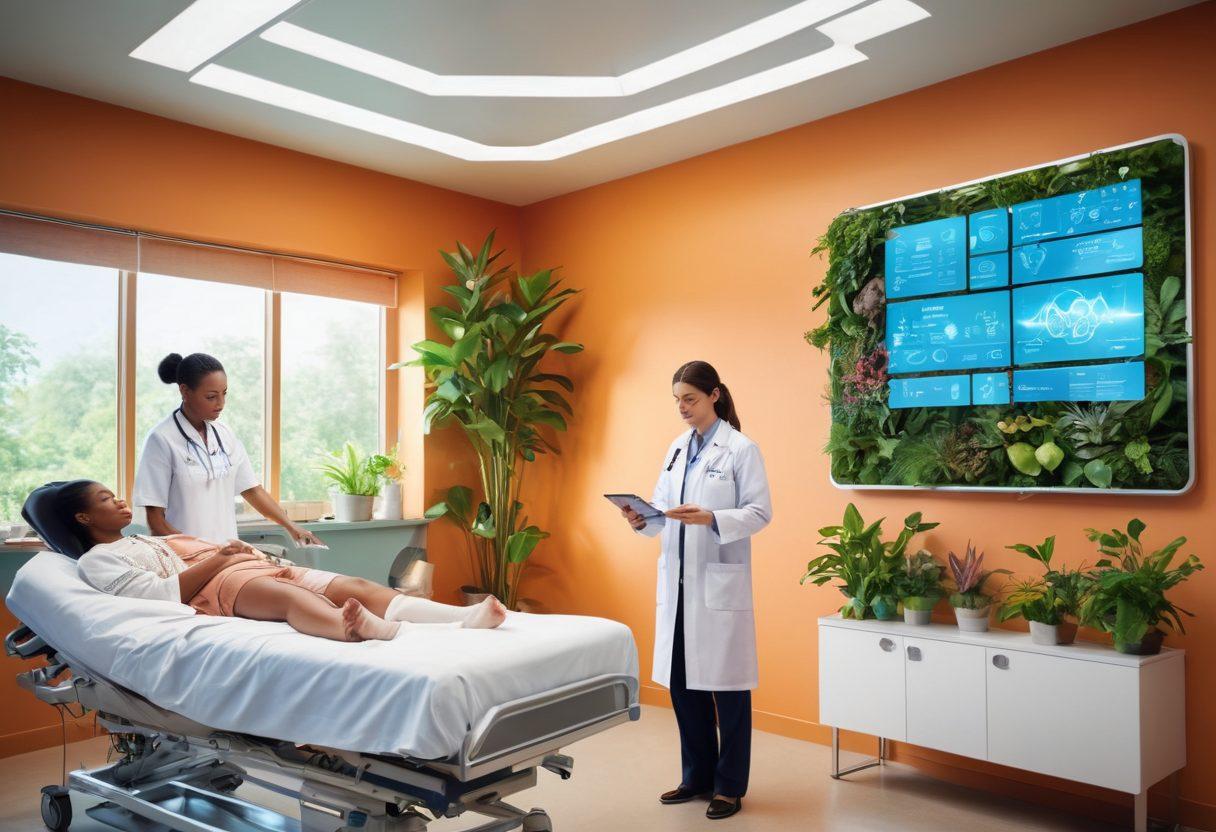 A futuristic healthcare scene depicting a diverse group of patients engaging with digital devices like tablets and wearables, showcasing interactive health data. Include holographic health information displays and a calming atmosphere with natural elements like plants. Highlight a healthcare professional guiding a patient, emphasizing connection and technology in wellness. vibrant colors. digital art.